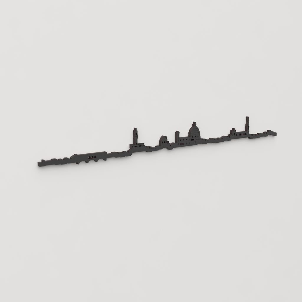 Vista en perspectiva de la silueta de Florencia en madera natural para decoración mural.