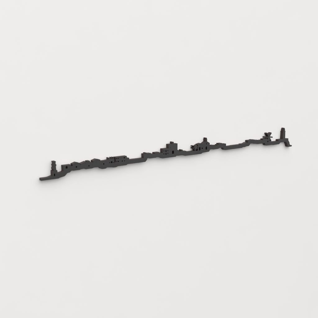 Vista lateral del skyline de Formentera en negro, con detalle de pueblos y faro.