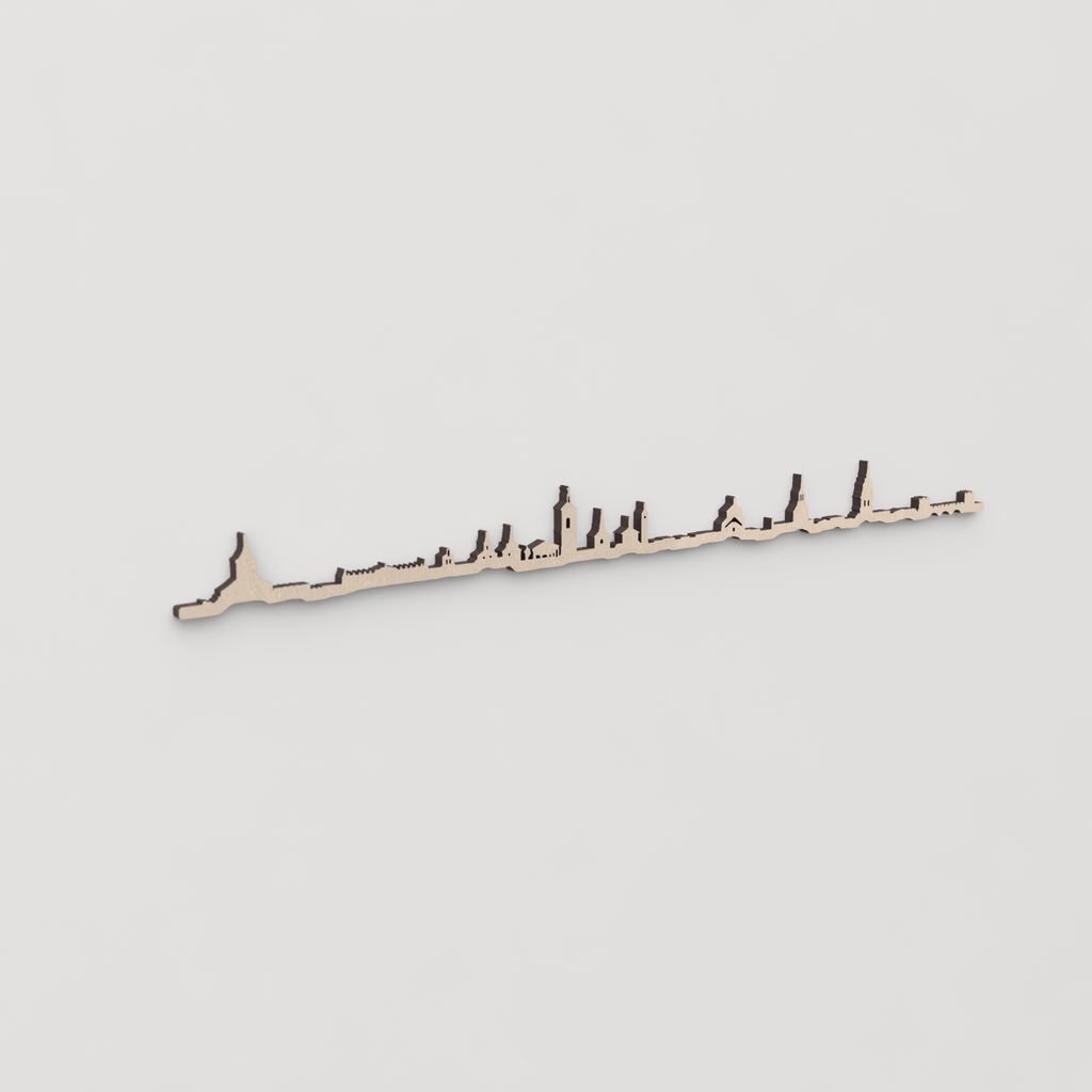 Regalo original: silueta skyline Alcalá de Henares en madera natural.