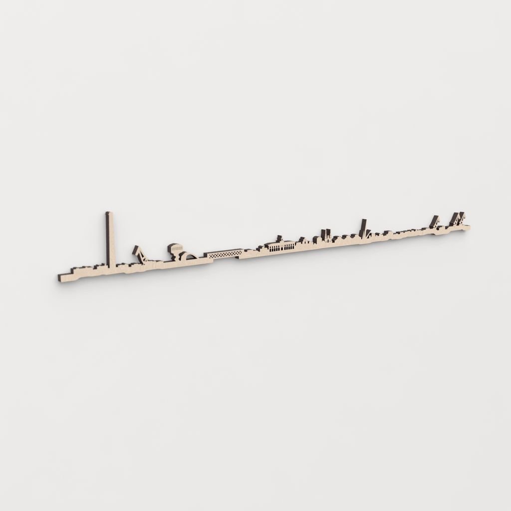 Idea de regalo original: la silueta del skyline de Avilés en madera natural.