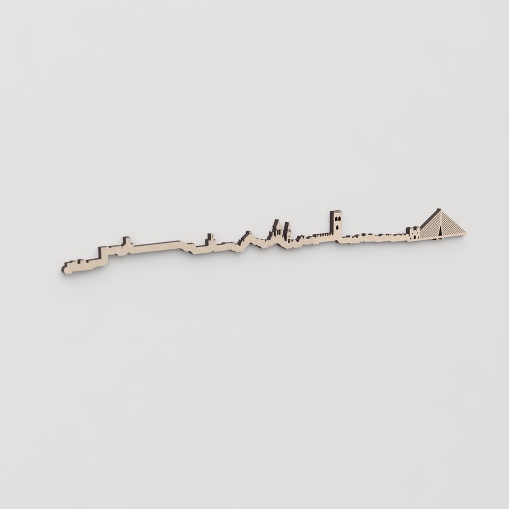 Regalo original: silueta skyline Badajoz en madera natural.