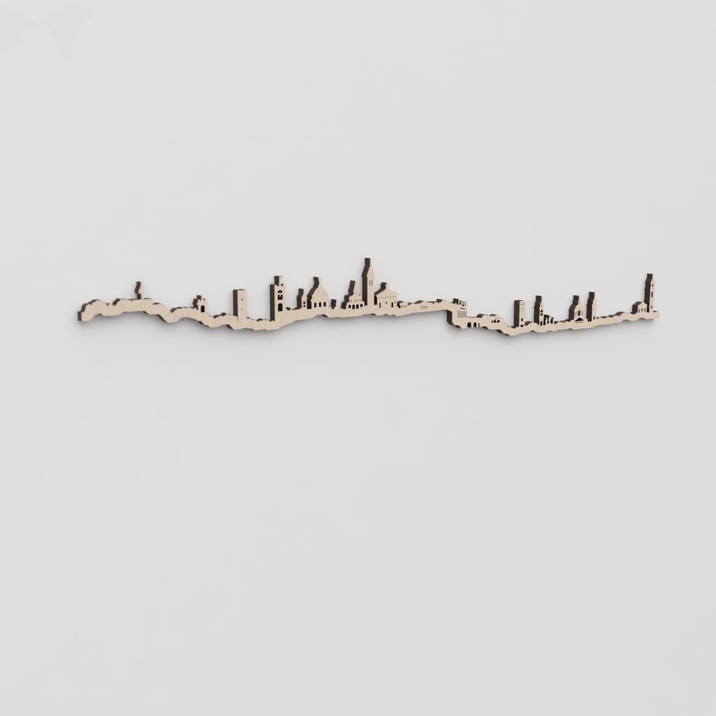 Regalo original: silueta skyline Bergamo en madera natural.