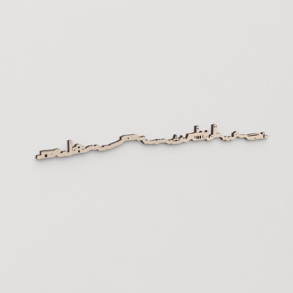 Idea de regalo original: la silueta del skyline de Brihuega en madera natural.