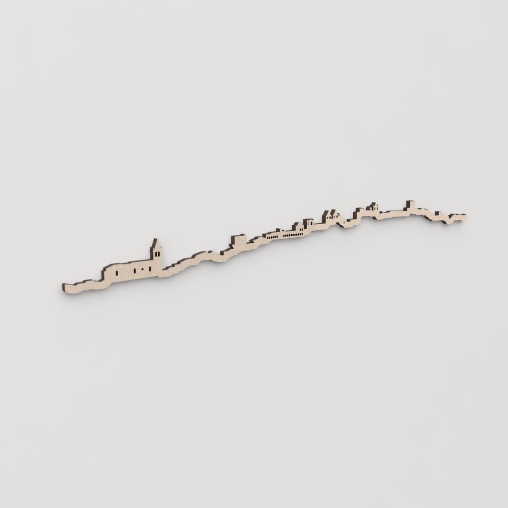 Idea de regalo original: la silueta del skyline de Cáceres en madera natural.