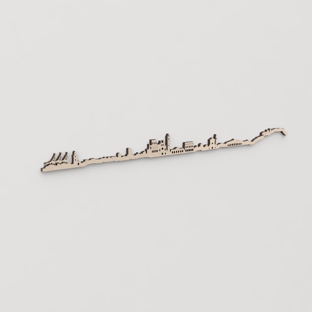 Idea de regalo original: la silueta del skyline de Castelló en madera natural.