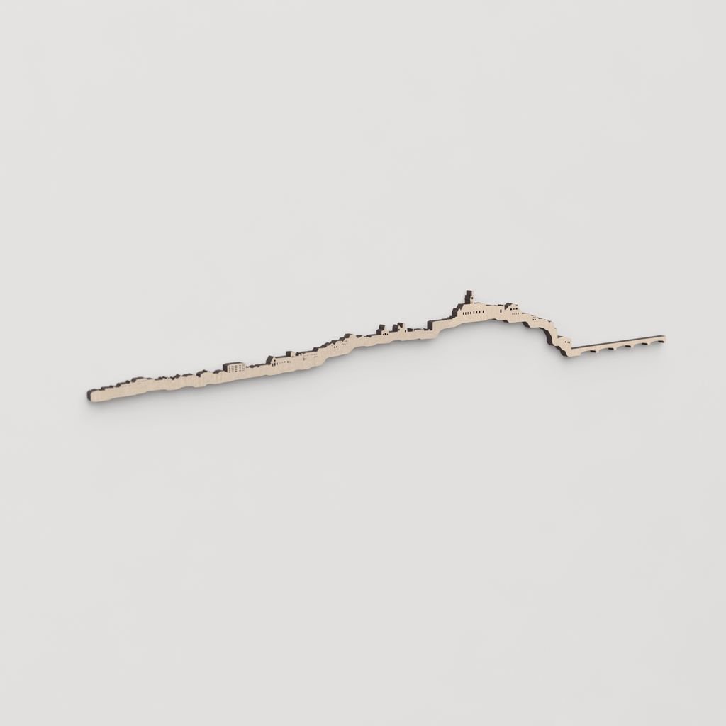 Idea de regalo original: la silueta del skyline de Coimbra en madera natural.