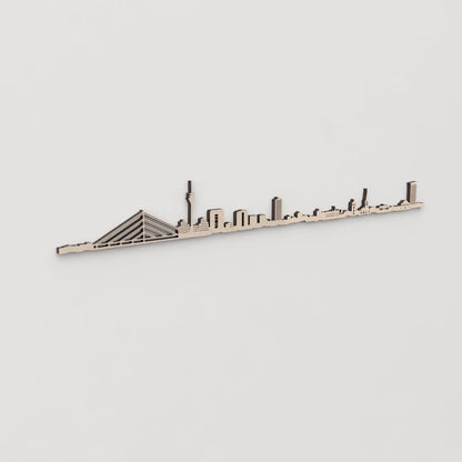 Regalo original: silueta skyline Düsseldorf en madera natural.