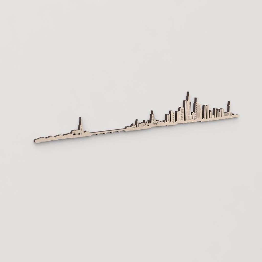 Idea de regalo original: la silueta del skyline de Frankfurt en madera natural.
