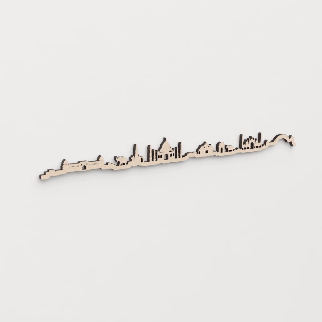Regalo original: silueta skyline India en madera natural.