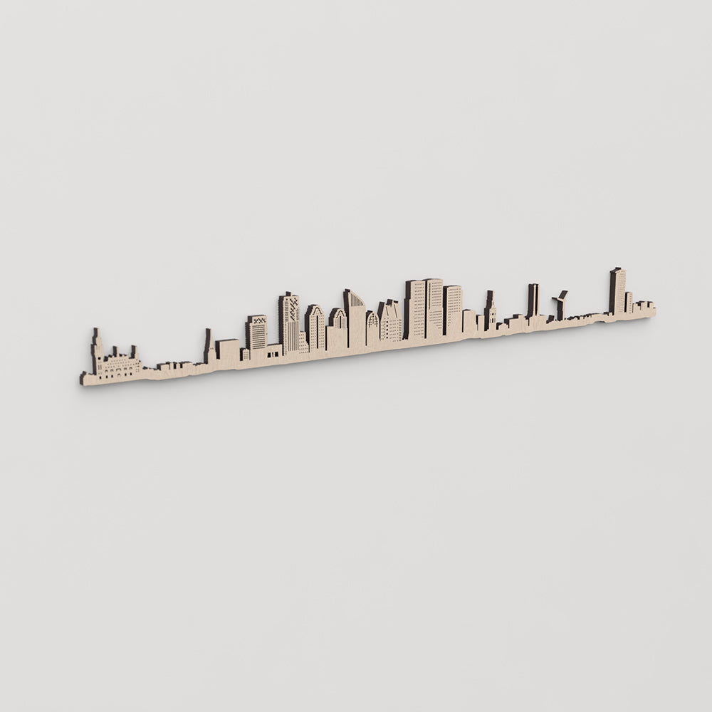 Regalo original: silueta skyline La Haya en madera natural.
