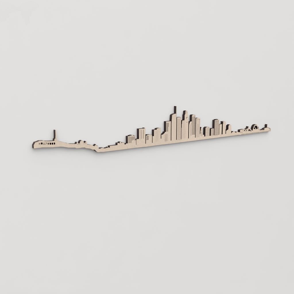 Regalo original: silueta skyline Los Angeles en madera natural.