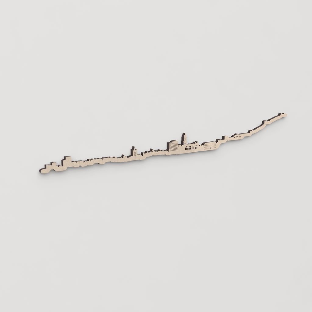 Regalo original: silueta skyline Málaga en madera natural.