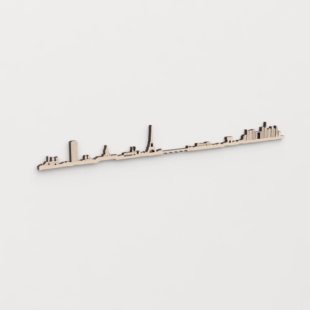 Regalo original: silueta skyline París en madera natural.