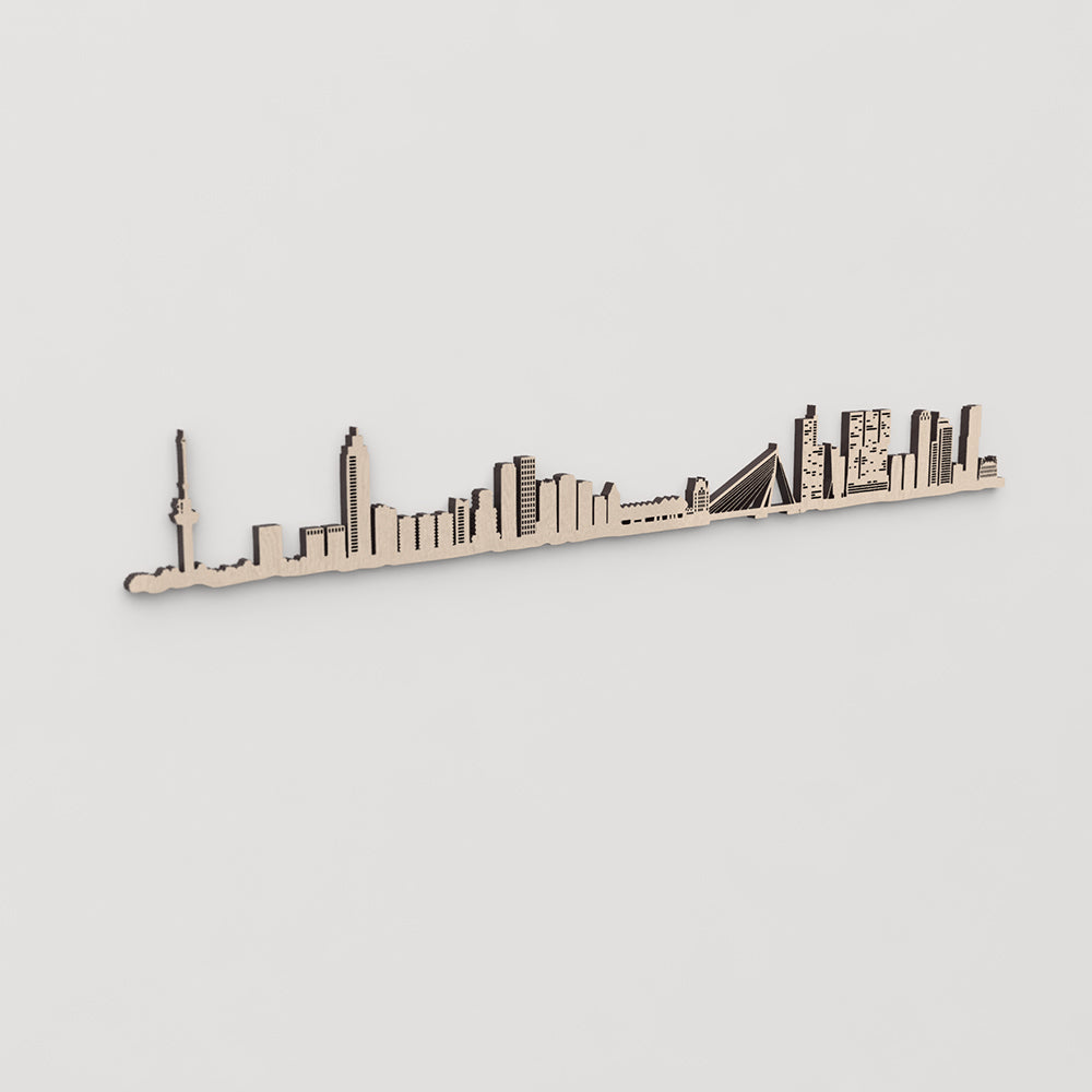 Idea de regalo original: la silueta del skyline de Rotterdam en madera natural.