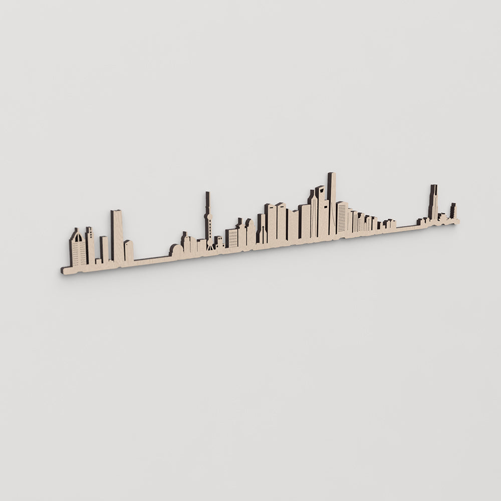 Regalo original: silueta skyline Shanghái en madera natural.