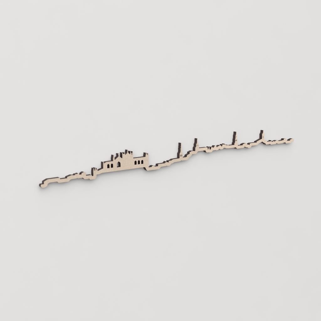 Idea de regalo original: la silueta del skyline de Vitoria en madera natural.