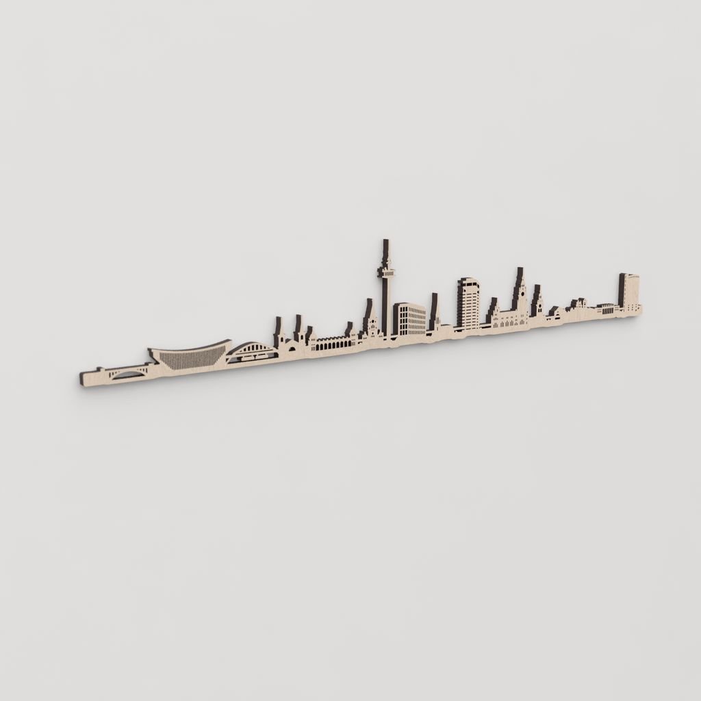 Regalo original: silueta skyline Wuppertal en madera natural.