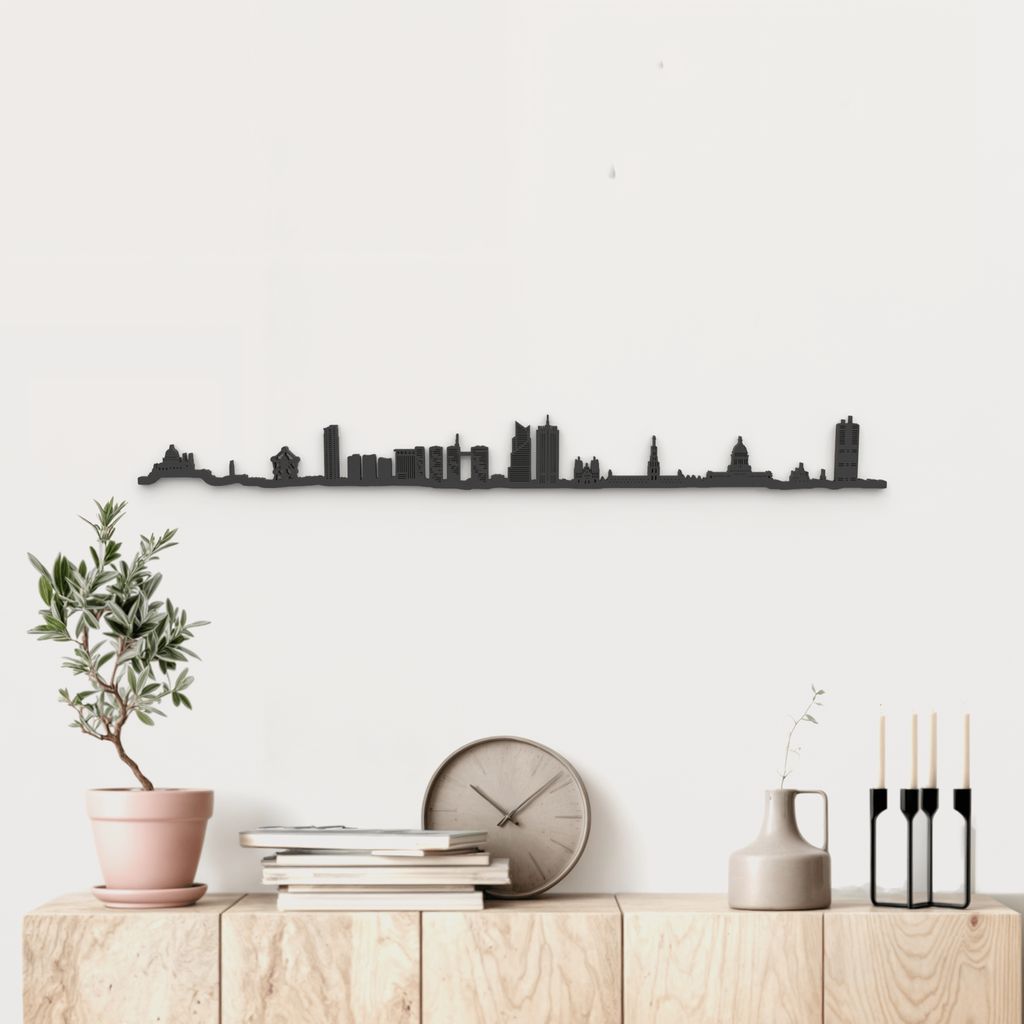 Silueta skyline de Bruxelles en madera de abedul color negro para decoración mural.