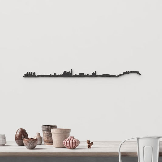 Silueta skyline de Castelló en madera color negro para decoración mural.