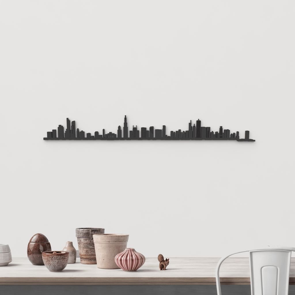 Silueta skyline de Chicago en madera color negro para decoración mural.