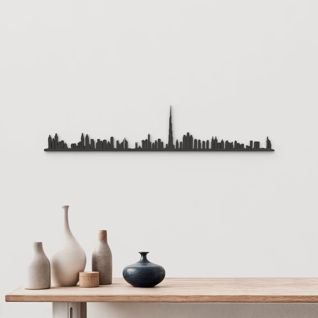 Silueta skyline de Dubái en madera negra con el Burj Khalifa como protagonista.
