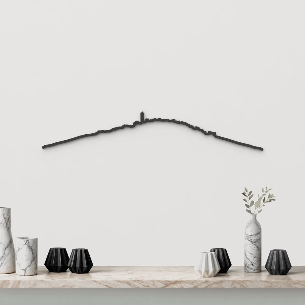 Silueta skyline de El Ballestar en madera negra con la Parroquia el Salvador.