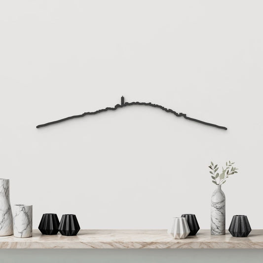 Silueta skyline de El Ballestar en madera negra con la Parroquia el Salvador.