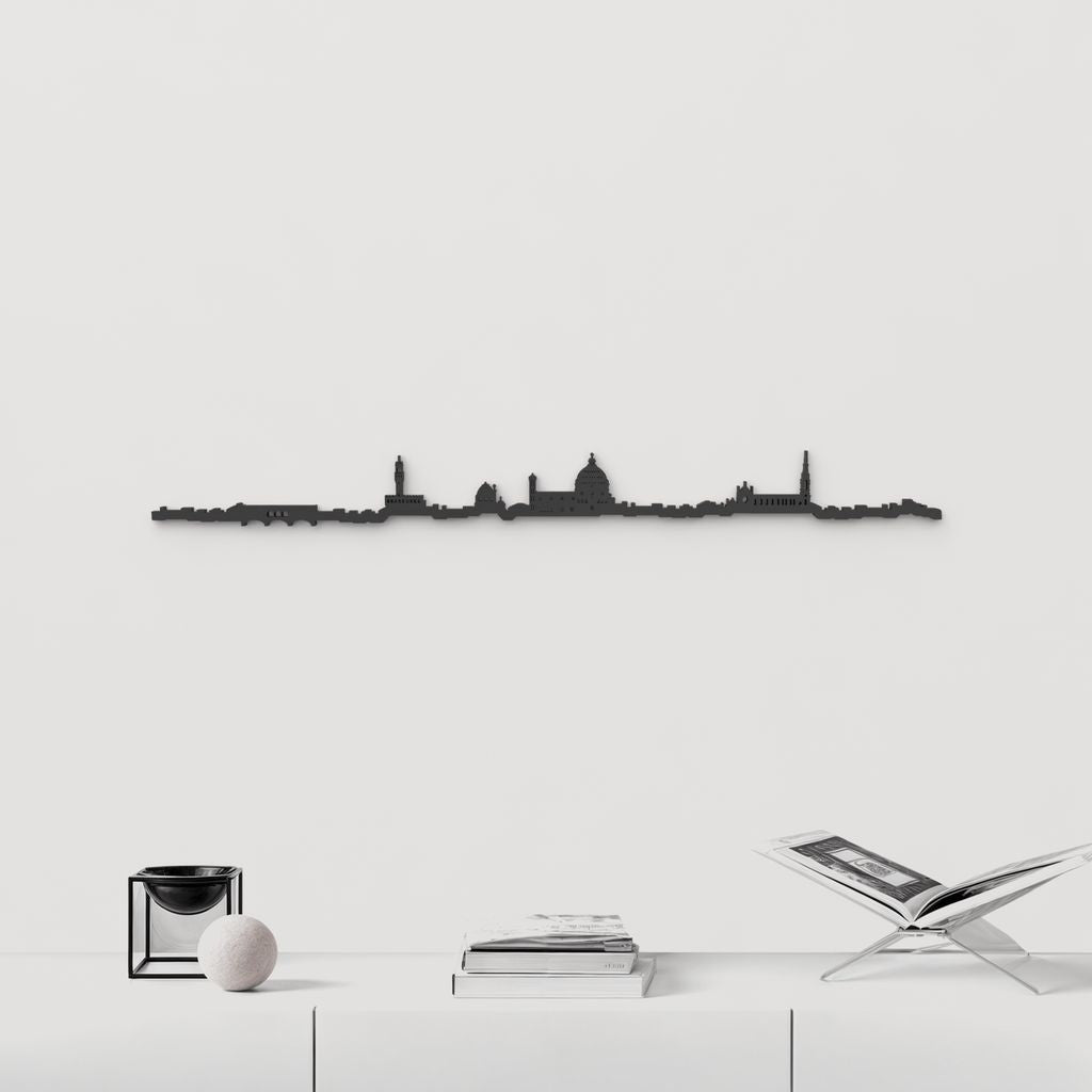 Silueta skyline de Florencia en madera natural con el Ponte Vecchio y la cúpula del Duomo.