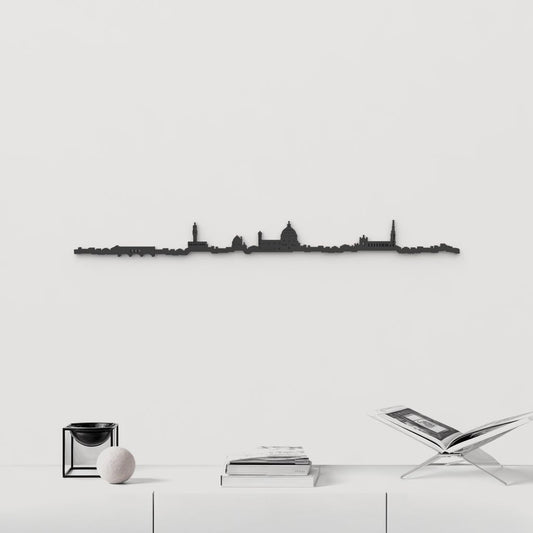 Silueta skyline de Florencia en madera natural con el Ponte Vecchio y la cúpula del Duomo.