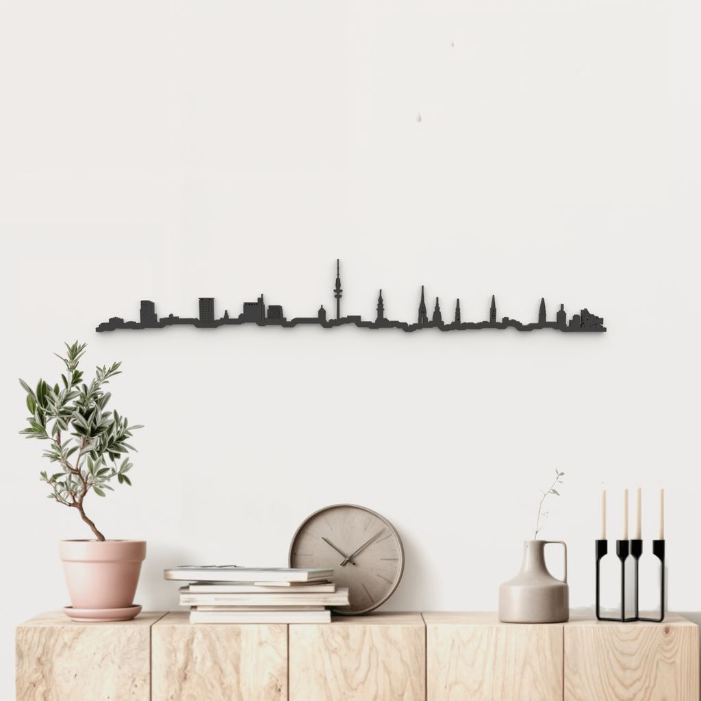 Silueta skyline de Hamburgo en madera color negro para decoración mural.