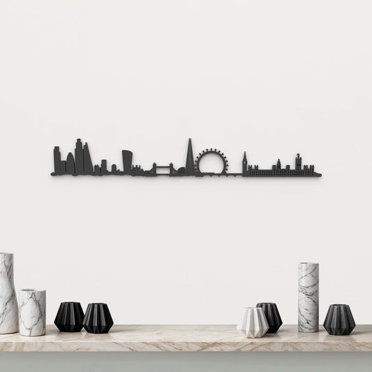 Silueta skyline de Londres en madera color negro para decoración mural.