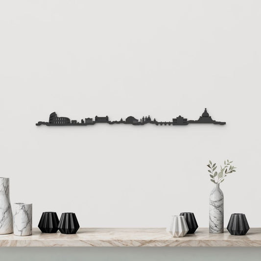 Silueta skyline de Roma en madera color negro para decoración mural.