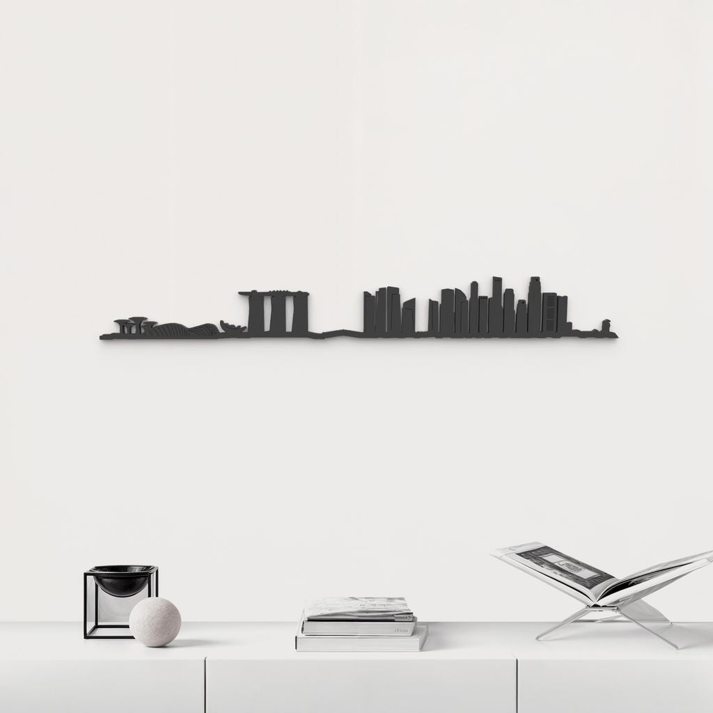 Silueta skyline de Singapore en madera de abedul color negro para decoración mural.