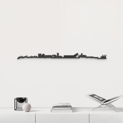 Silueta skyline de Valencia en madera de abedul color negro para decoración mural.