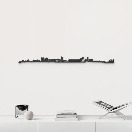 Silueta skyline de Valencia en madera de abedul color negro para decoración mural.