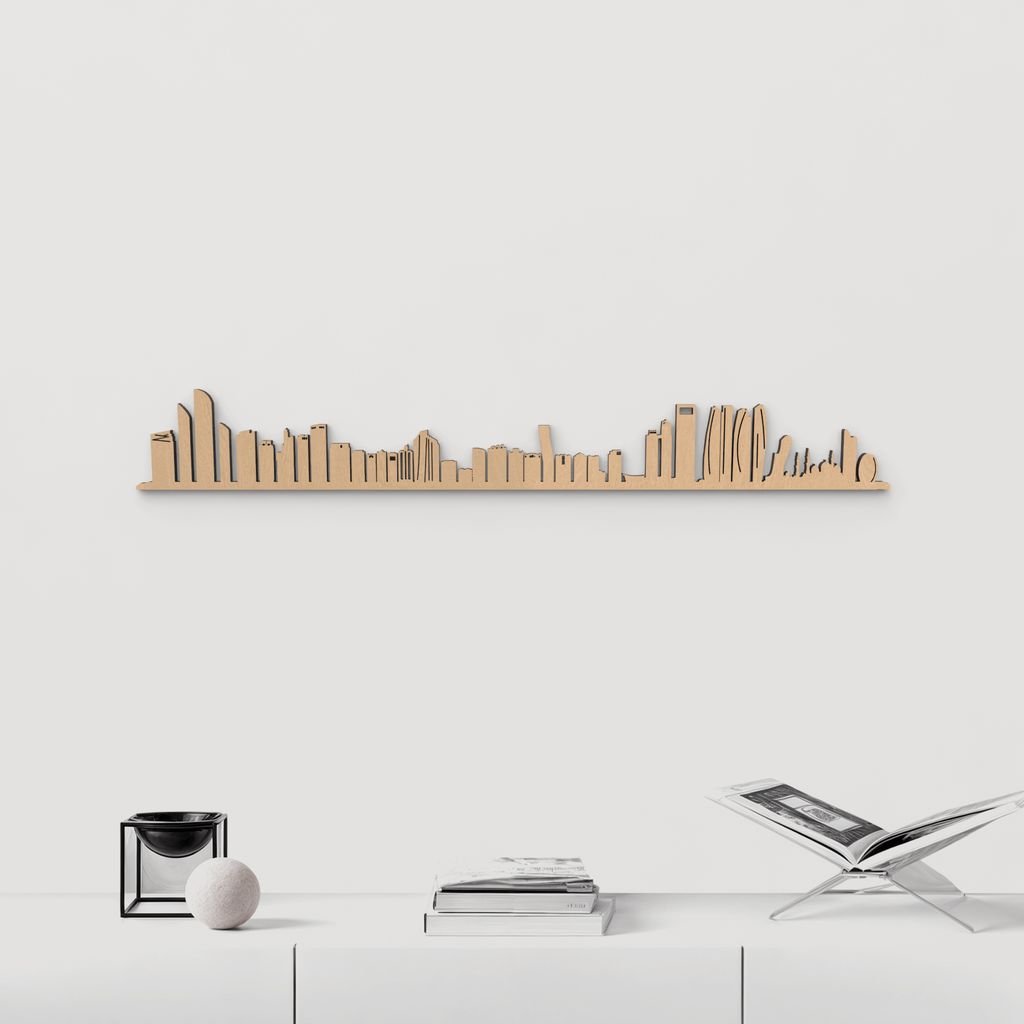 Skyline Abu Dabi de madera marrón para decoración de pared.