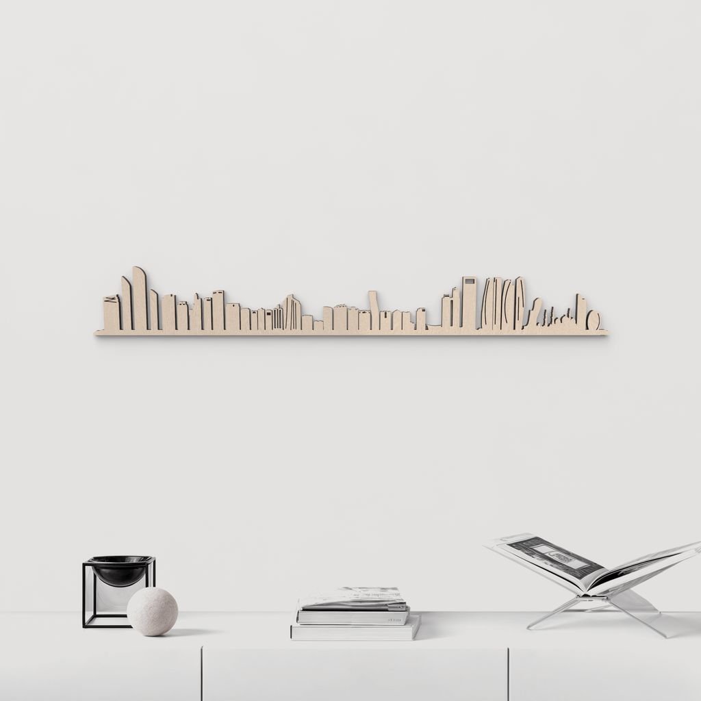 Skyline Abu Dabi en madera natural para decoración mural.