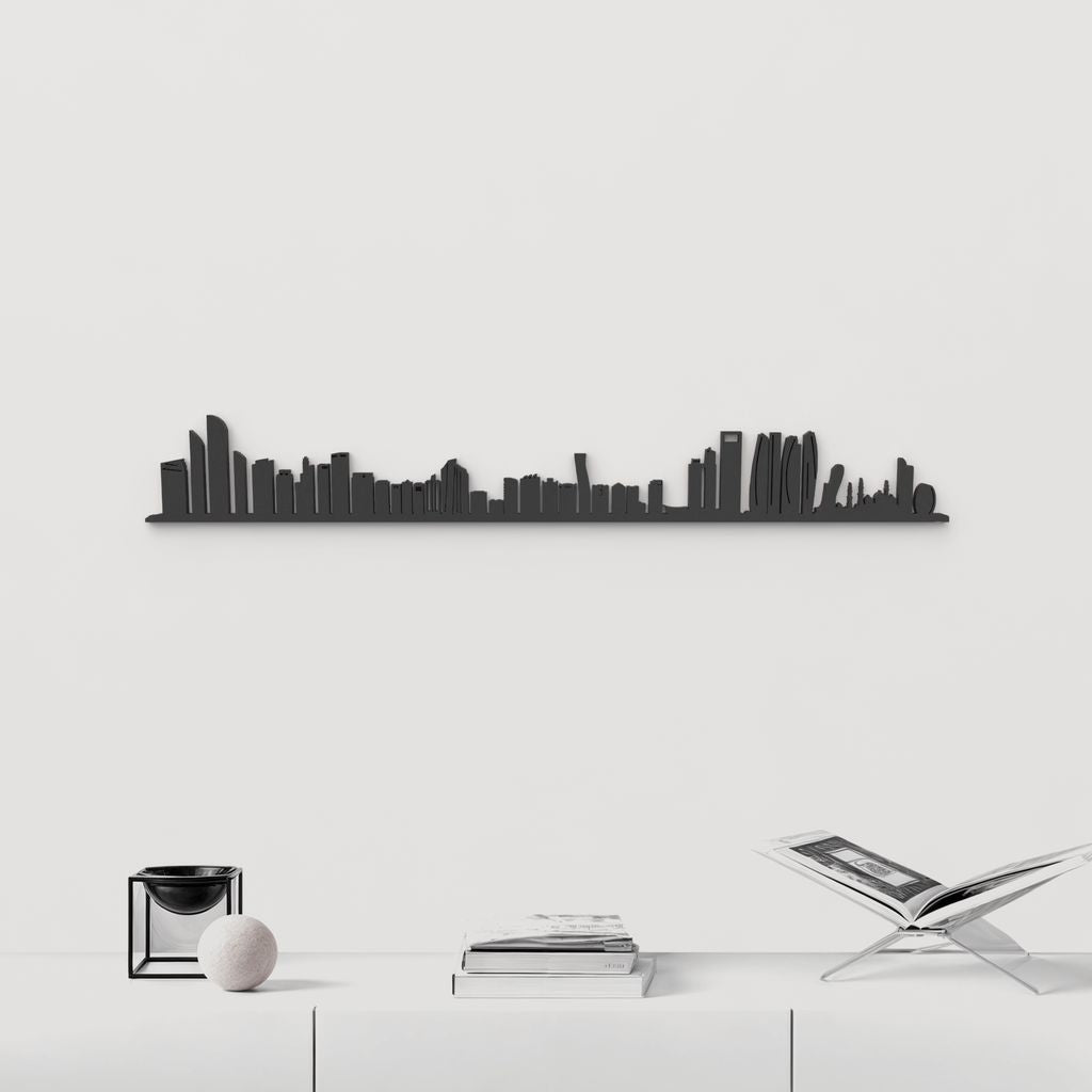Skyline Abu Dabi de madera negra, silueta decorativa de pared.