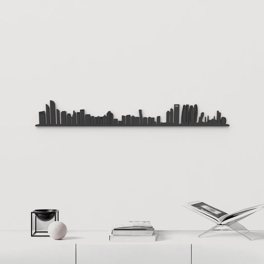 Skyline Abu Dabi de madera negra, silueta decorativa de pared.