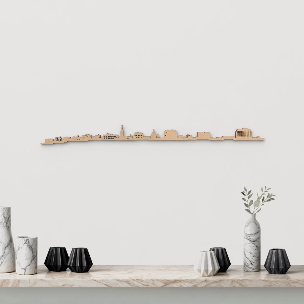 Skyline Alghero de madera marrón para decoración de pared.