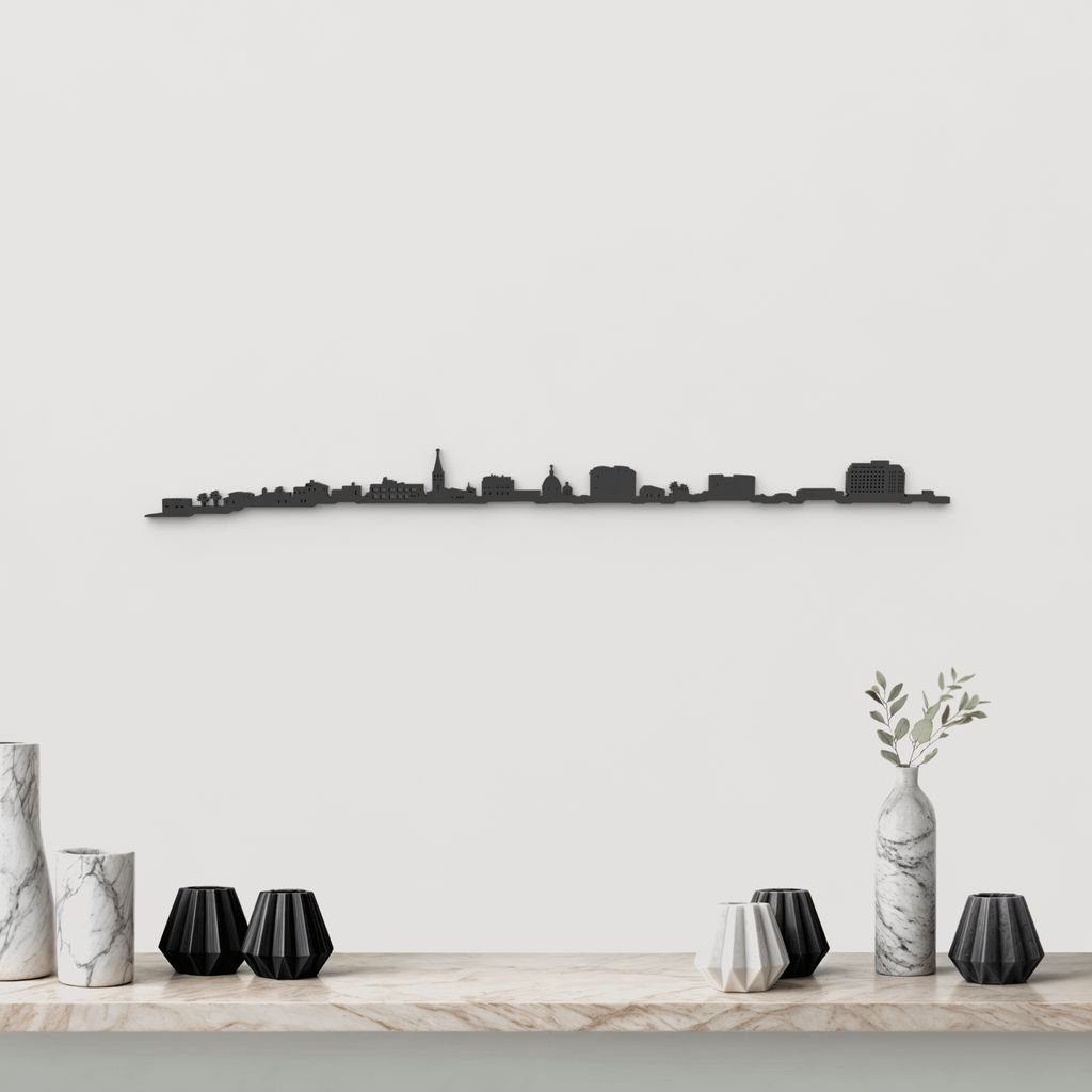 Skyline Alghero de madera negra, silueta decorativa de pared.