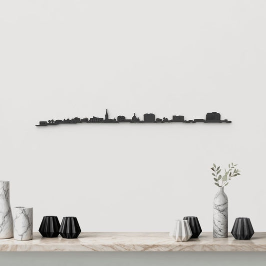 Skyline Alghero de madera negra, silueta decorativa de pared.