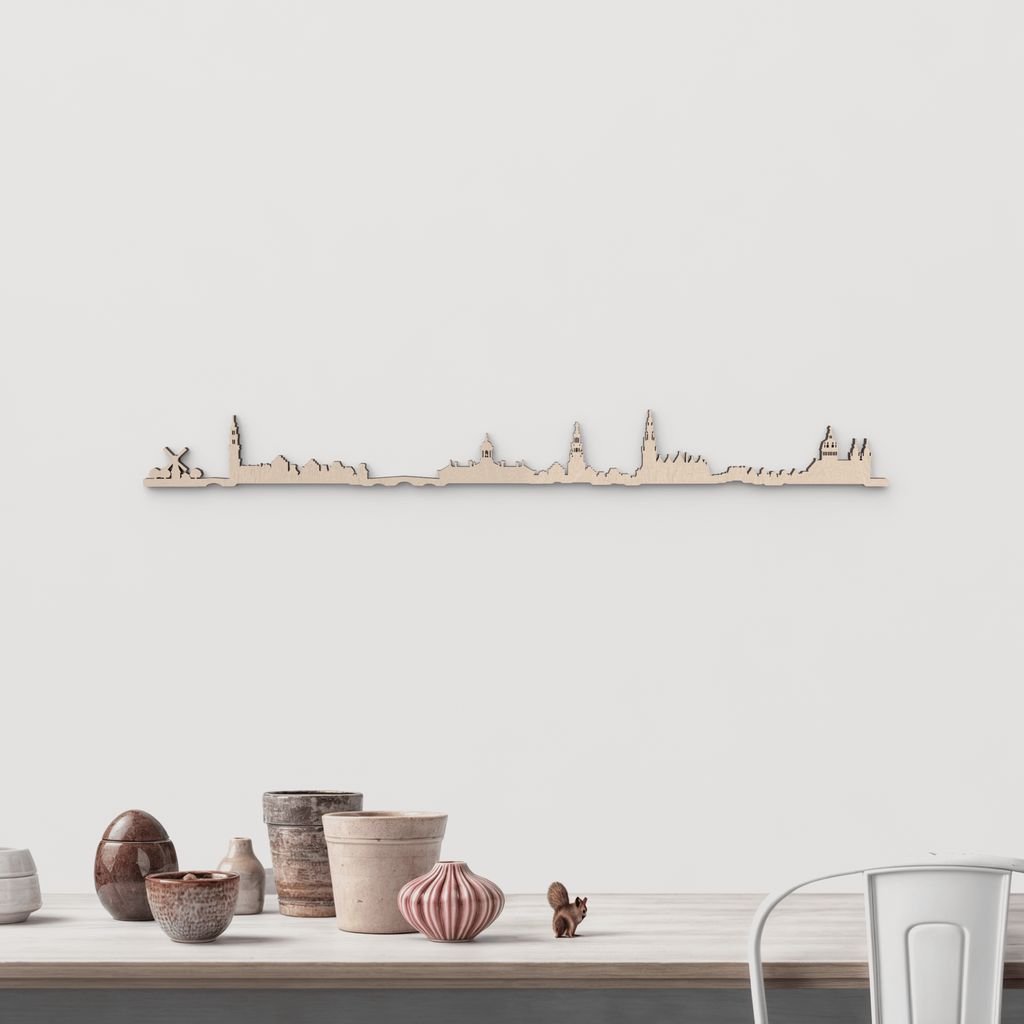 Skyline Ámsterdam en madera natural para decoración mural.