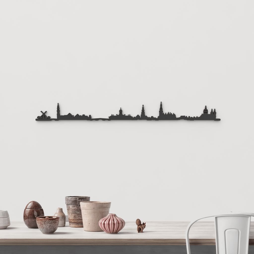 Skyline Ámsterdam de madera negra, silueta decorativa de pared.
