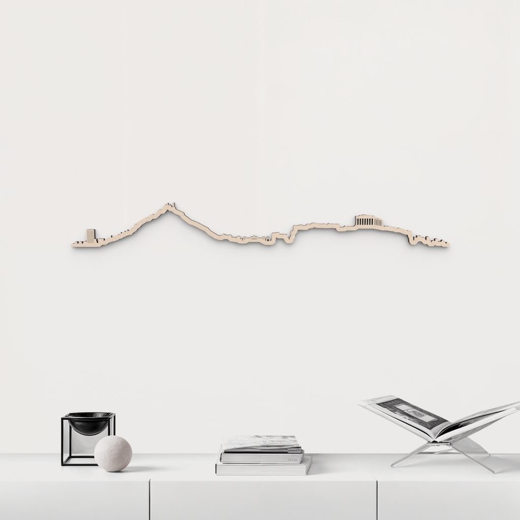 Silueta skyline de Athens en madera de abedul natural para decoración mural.