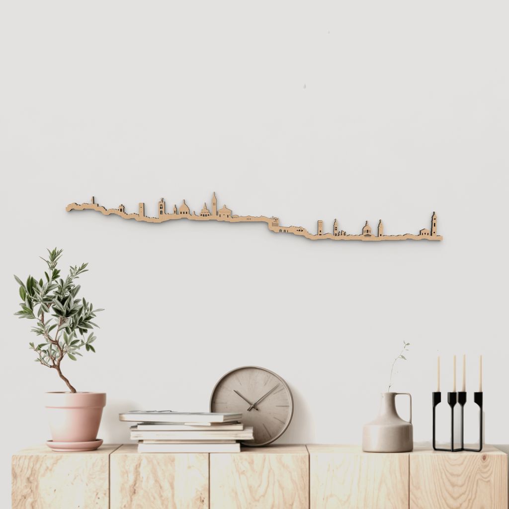 Skyline Bergamo de madera marrón para decoración de pared.