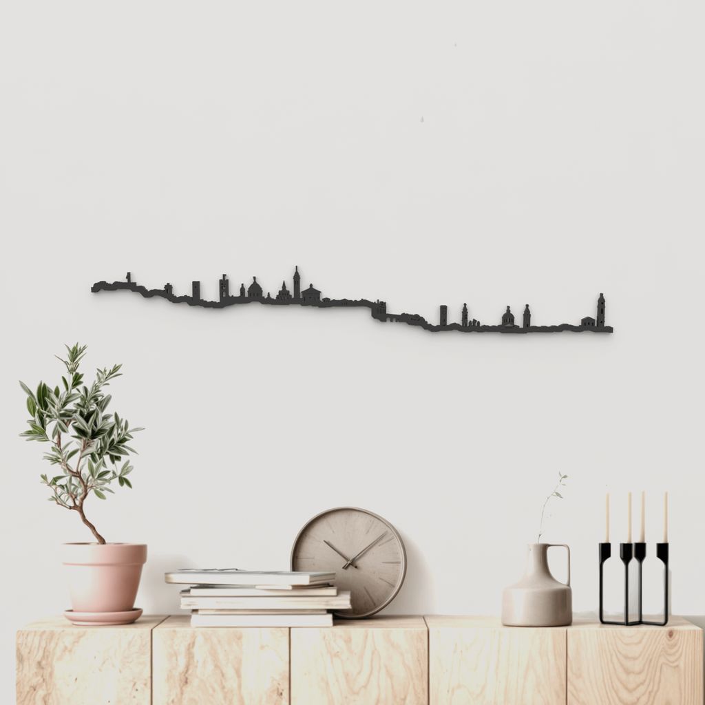 Skyline Bergamo de madera negra, silueta decorativa de pared.