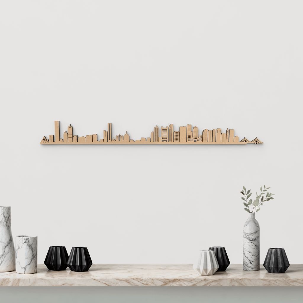 Skyline Boston de madera marrón para decoración de pared.