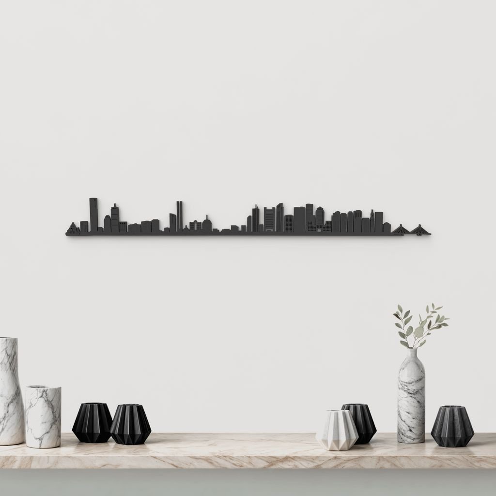 Skyline Boston de madera negra, silueta decorativa de pared.