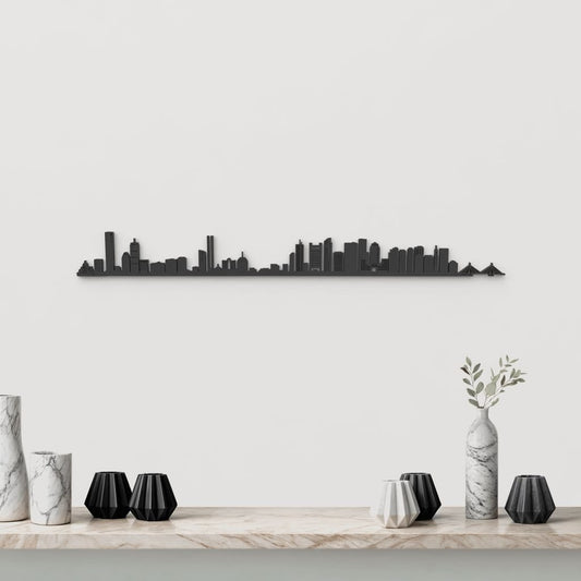 Skyline Boston de madera negra, silueta decorativa de pared.